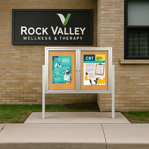 Freestanding 2 Door Outdoor Enclosed Bulletin Board 72x48 with Posts