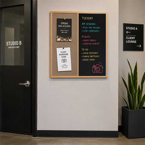 Value Line Combo Board 22x28 Wood Framed Cork Bulletin Marker Board (Open Face with Wood Trim)