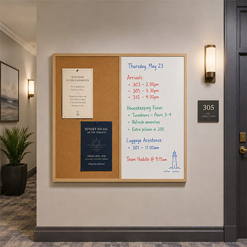 Value Line Combo Board 48x48 Wood Framed Cork Bulletin Marker Board (Open Face with Wood Trim)