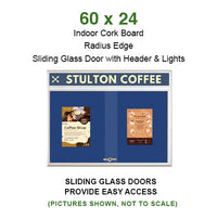 60 x 24 Indoor Bulletin Cork Boards with Personalized Header & Lights (RADIUS EDGE) (2 Sliding Glass Doors)