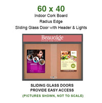 60 x 40 Indoor Bulletin Cork Boards with Personalized Header & Lights (RADIUS EDGE) (2 Sliding Glass Doors)