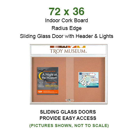 72 x 36 Indoor Bulletin Cork Boards with Personalized Header & Lights (RADIUS EDGE) (2 Sliding Glass Doors)