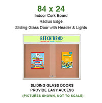 84 x 24 Indoor Bulletin Cork Boards with Personalized Header & Lights (RADIUS EDGE) (3 Sliding Glass Doors)