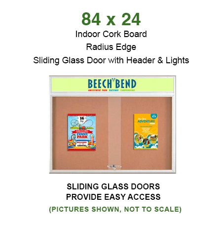 84 x 24 Indoor Bulletin Cork Boards with Personalized Header & Lights (RADIUS EDGE) (3 Sliding Glass Doors)