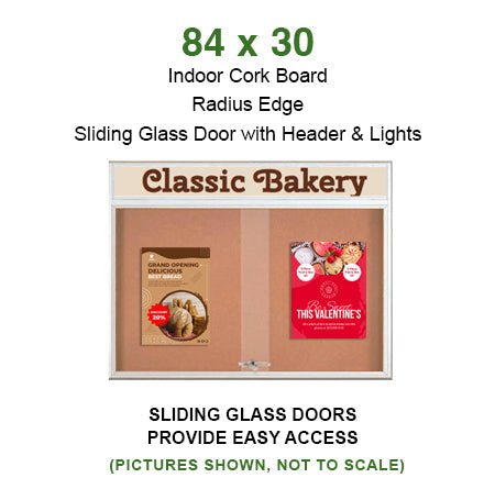 84 x 30 Indoor Bulletin Cork Boards with Personalized Header & Lights (RADIUS EDGE) (3 Sliding Glass Doors)