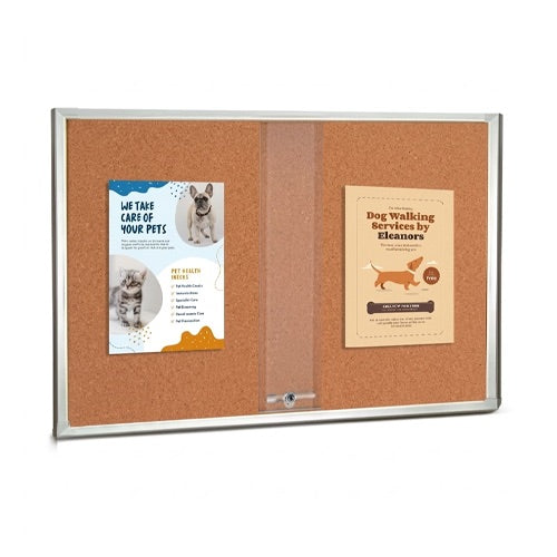 Indoor Enclosed Cork Bulletin Board 72 x 24 with Two Sliding Glass Doors with Metal Wall Cabinet in 4 Finishes
