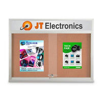 Indoor Bulletin Cork Board 50x40 with Your Personalized Message Header + Metal Display Case with Two Sliding Glass Doors