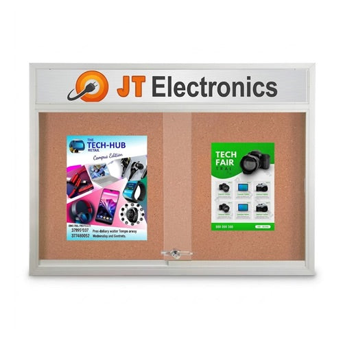 Indoor Bulletin Cork Board 50x40 with Your Personalized Message Header + Metal Display Case with Two Sliding Glass Doors