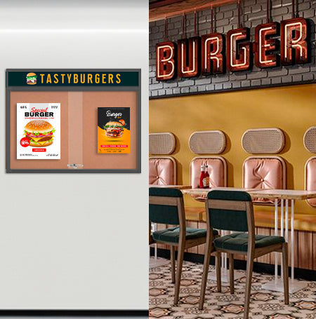 Indoor Bulletin Cork Boards 60" x 24" with Personalized Message Header (2 Sliding Glass Doors)