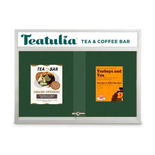 Indoor Enclosed Bulletin Cork Boards 60x48 with Personalized Message Header and 2 Sliding Glass Doors