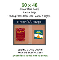 Indoor Bulletin Cork Board 50x40 with Your Personalized Message Header + Metal Display Case with Two Sliding Glass Doors