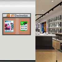 Indoor Enclosed Bulletin Cork Boards 60x48 with Personalized Message Header and 2 Sliding Glass Doors