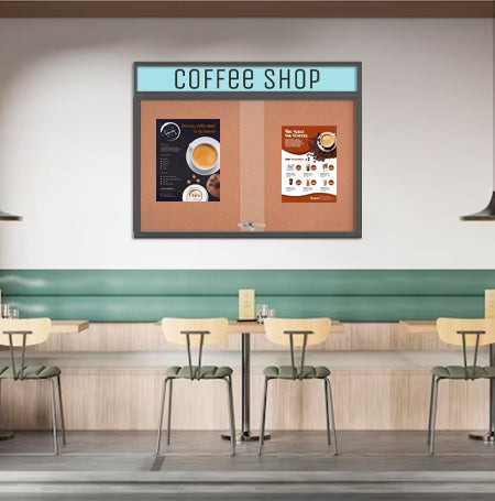 Indoor Bulletin Cork Boards 72" x 24" with Personalized Message Header (2 Sliding Glass Doors)