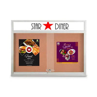 Indoor Bulletin Cork Boards 84" x 24" with Personalized Message Header (3 Sliding Glass Doors)