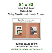 Indoor Bulletin Cork Boards 84" x 30" with Personalized Message Header (3 Sliding Glass Doors)