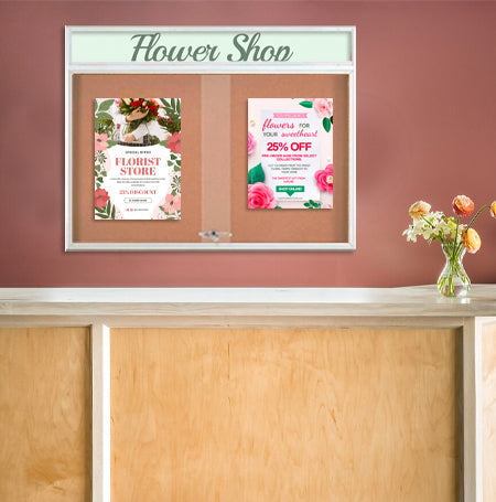 Indoor Bulletin Cork Boards 96" x 24" with Personalized Message Header (3 Sliding Glass Doors)
