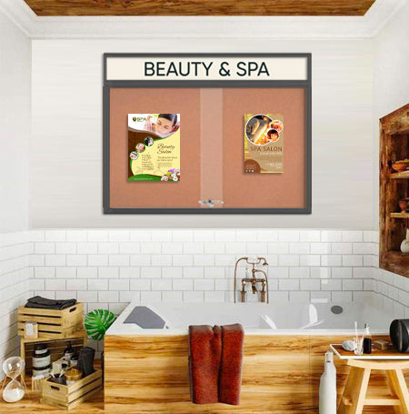 Indoor Bulletin Cork Boards 96" x 30" with Personalized Message Header (3 Sliding Glass Doors)