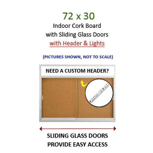 2-Door Bulletin Boards Sliding Glass Doors | Indoor Enclosed Cork Board 72x30 Lighted with Message Header