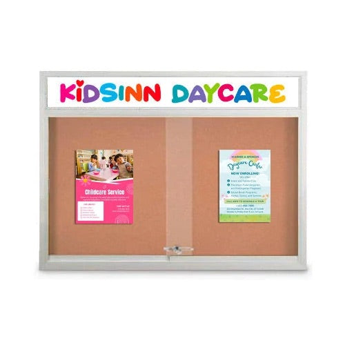 Indoor 48 x 36 Bulletin Cork Boards with Personalized Header & Lights (2 Sliding Glass Doors)
