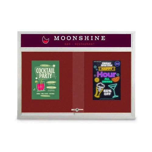 Indoor 50 x 40 Bulletin Cork Boards with Personalized Header & Lights (2 Sliding Glass Doors)