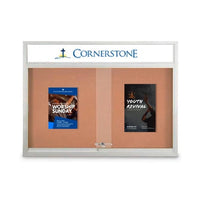 Indoor 60 x 24 Bulletin Cork Boards with Personalized Header & Lights (2 Sliding Glass Doors)