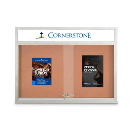 Indoor 60 x 24 Bulletin Cork Boards with Personalized Header & Lights (2 Sliding Glass Doors)