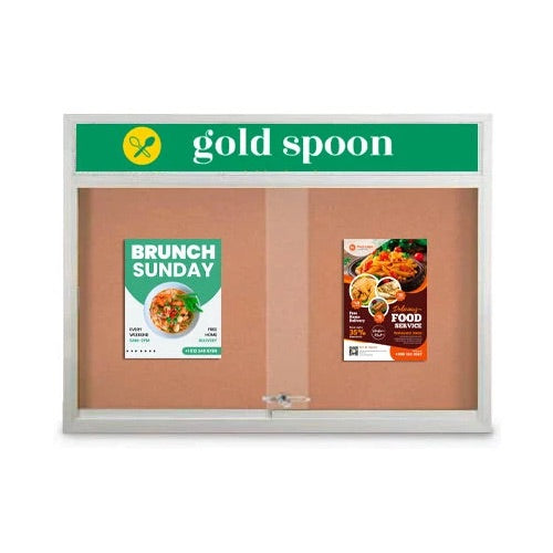 Indoor 60 x 30 Bulletin Cork Boards with Personalized Header & Lights (2 Sliding Glass Doors)
