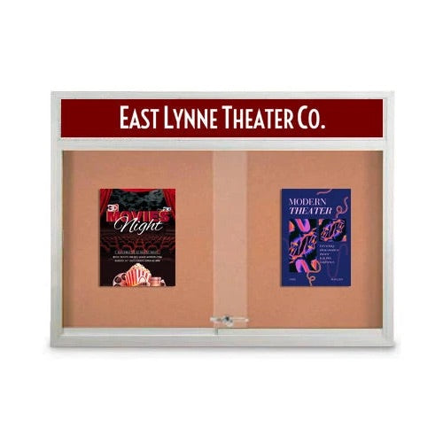 Indoor 60 x 36 Bulletin Cork Boards with Personalized Header & Lights (2 Sliding Glass Doors)
