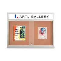 Indoor 60 x 40 Bulletin Cork Boards with Personalized Header & Lights (2 Sliding Glass Doors)