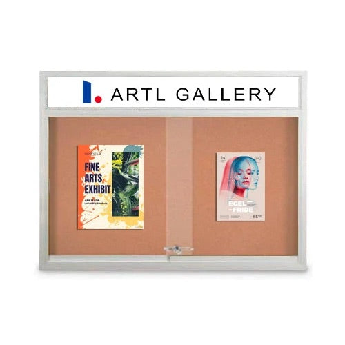 Indoor 60 x 40 Bulletin Cork Boards with Personalized Header & Lights (2 Sliding Glass Doors)