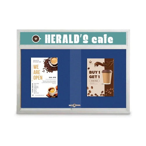 Indoor 60 x 48 Bulletin Cork Boards with Personalized Header & Lights (2 Sliding Glass Doors)