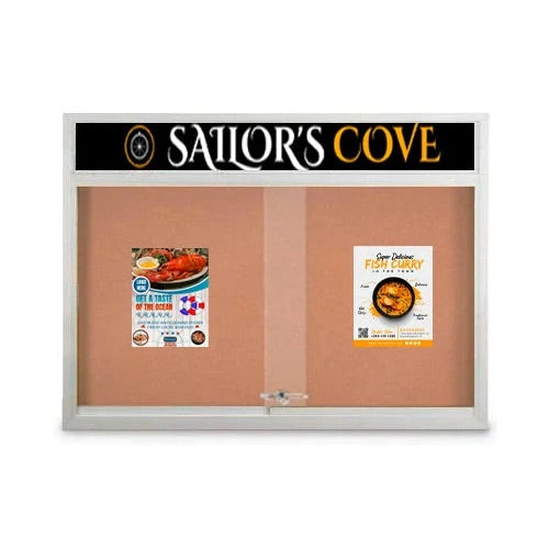 Indoor 72 x 24 Bulletin Cork Boards with Personalized Header & Lights (2 Sliding Glass Doors)