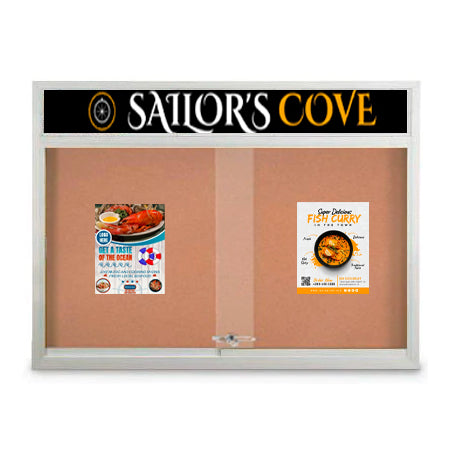Indoor 72 x 24 Bulletin Cork Boards with Personalized Header & Lights (2 Sliding Glass Doors)
