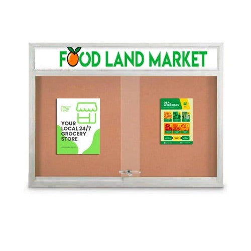 Indoor 72 x 30 Bulletin Cork Boards with Personalized Header & Lights (2 Sliding Glass Doors)