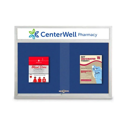 Indoor 72 x 48 Bulletin Cork Boards with Personalized Header & Lights (2 Sliding Glass Doors)