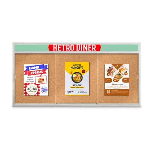 Indoor 84 x 36 Bulletin Cork Boards with Personalized Header & Lights (3 Sliding Glass Doors)