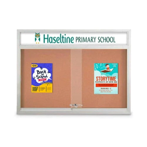 Indoor 84 x 48 Bulletin Cork Boards with Personalized Header & Lights (3 Sliding Glass Doors)