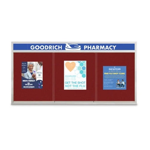Indoor 96 x 30 Bulletin Cork Boards with Personalized Header & Lights (3 Sliding Glass Doors)