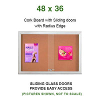 Indoor Enclosed Bulletin Cork Boards 48 x 36 with Two Sliding Glass Doors + Sleek Radius Edge Cabinet Corners