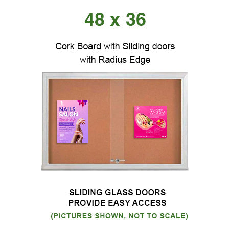 Indoor Enclosed Bulletin Cork Boards 48 x 36 with Two Sliding Glass Doors + Sleek Radius Edge Cabinet Corners