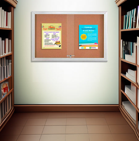Indoor Enclosed Bulletin Cork Boards 48 x 36 with Two Sliding Glass Doors + Sleek Radius Edge Cabinet Corners
