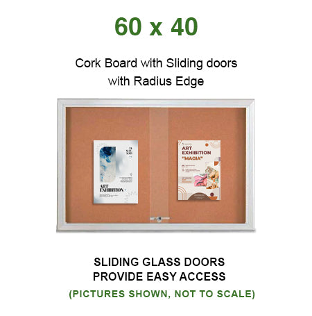 Indoor Enclosed Bulletin Cork Boards 60 x 40 with Sliding Glass Doors + Radius Edge Metal Cabinet Corners