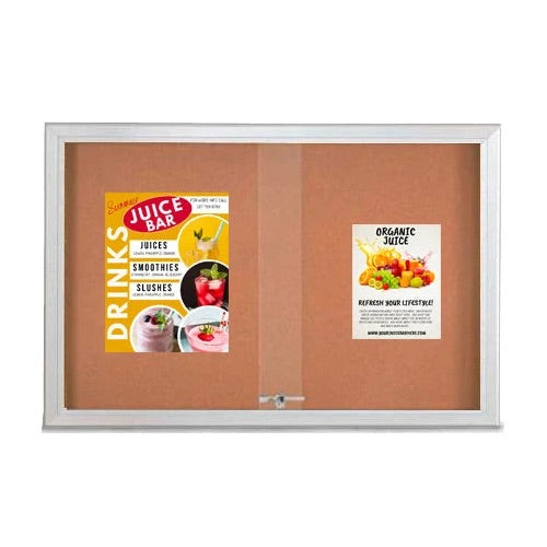 Indoor Enclosed Bulletin Cork Boards 72 x 24 with Sliding Glass Doors (with RADIUS EDGE)