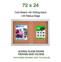 Indoor Enclosed Bulletin Cork Boards 72 x 24 with Sliding Glass Doors (with RADIUS EDGE)