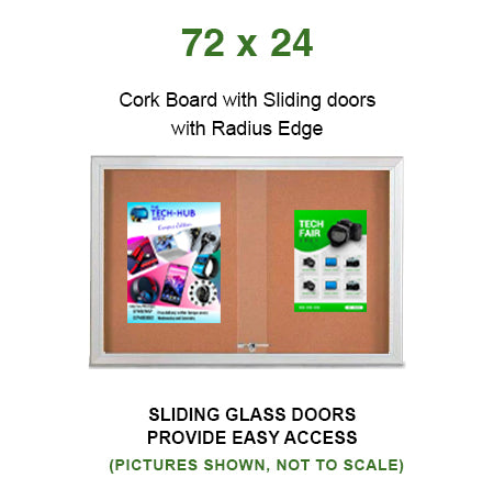 Indoor Enclosed Bulletin Cork Boards 72 x 24 with Sliding Glass Doors (with RADIUS EDGE)