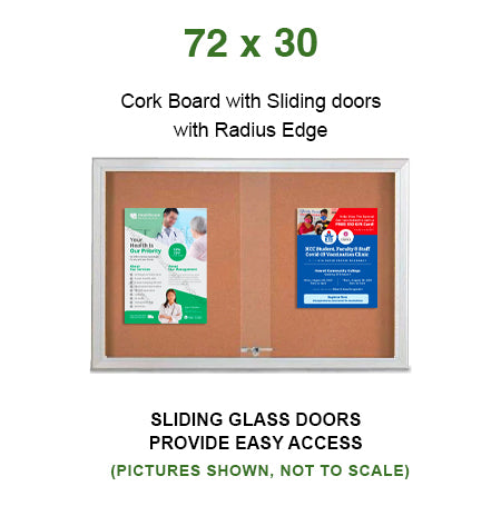 Indoor Enclosed Bulletin Cork Boards 72 x 30 with Sliding Glass Doors (with RADIUS EDGE)