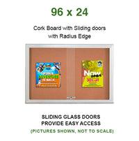 Indoor Enclosed Bulletin Cork Boards 96 x 24 with Sliding Glass Doors (with RADIUS EDGE)