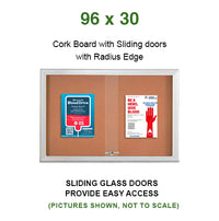 Indoor Enclosed Bulletin Cork Boards 96 x 30 with Sliding Glass Doors (with RADIUS EDGE)