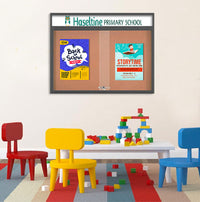 Indoor Bulletin Cork Boards 96x36 with Personalized Header (RADIUS EDGE) (Sliding Glass Doors)