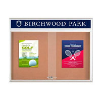 48 x 36 Indoor Bulletin Cork Boards with Personalized Header & Lights (RADIUS EDGE) (2 Sliding Glass Doors)